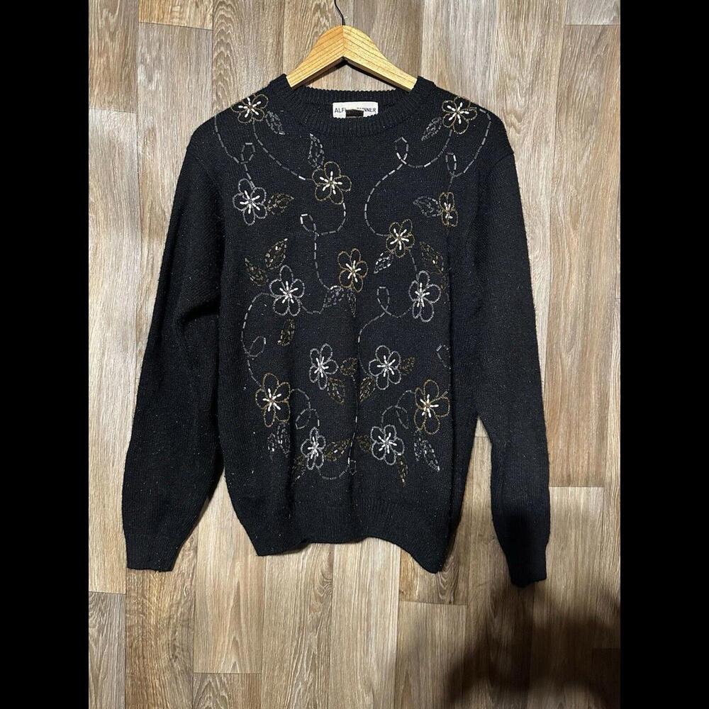 Vintage Alfred Dunner Black Floral Beaded Knit Sweater Size Medium Pullover